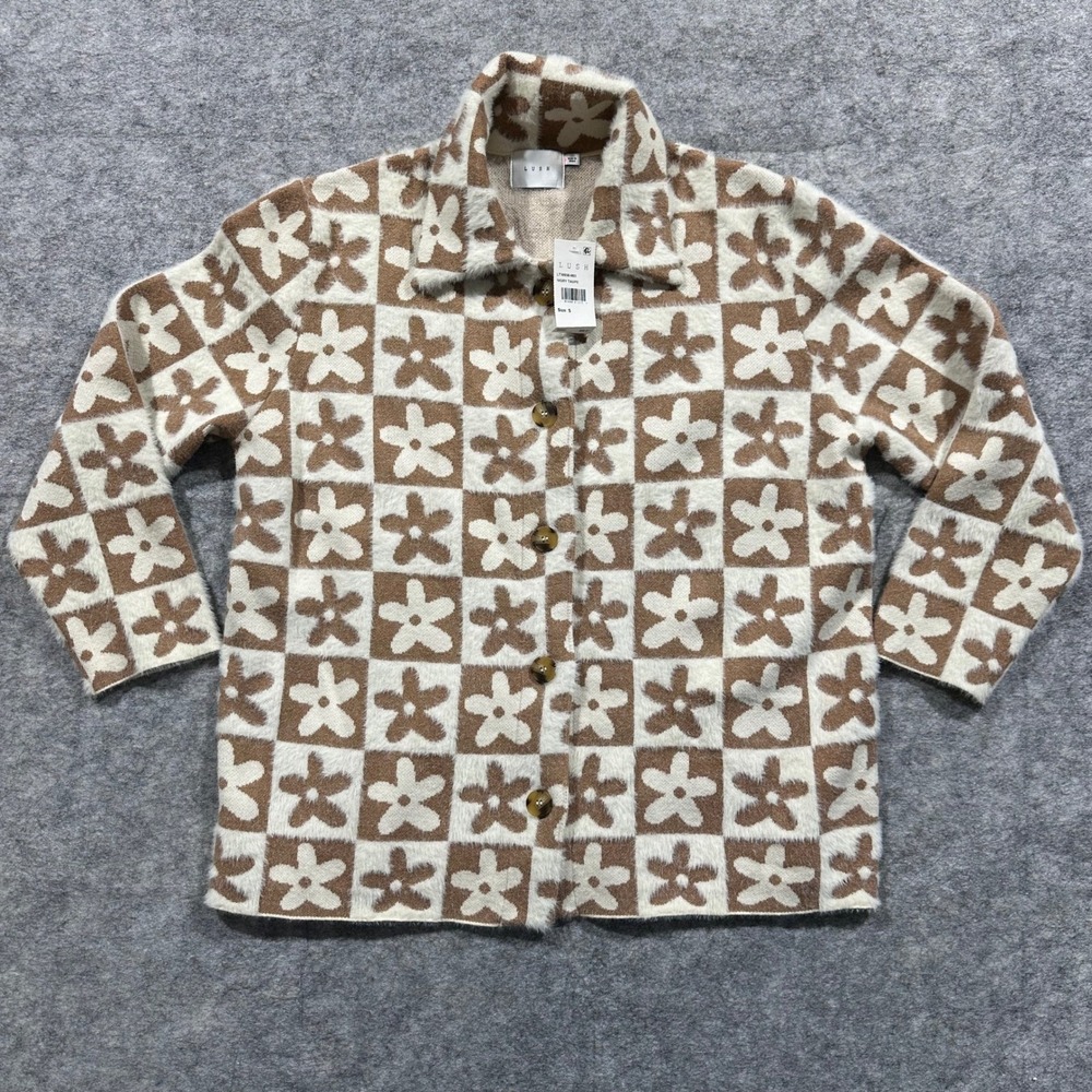 Lush Womens Small Ivory Taupe Flower Checkered Fuzzy Knit Button Up Shirt Jacket